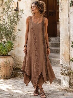 Y2K Handkerchief Hem Sleeveless Tie Back Maxi Dress Free Size Boho Festival EUC